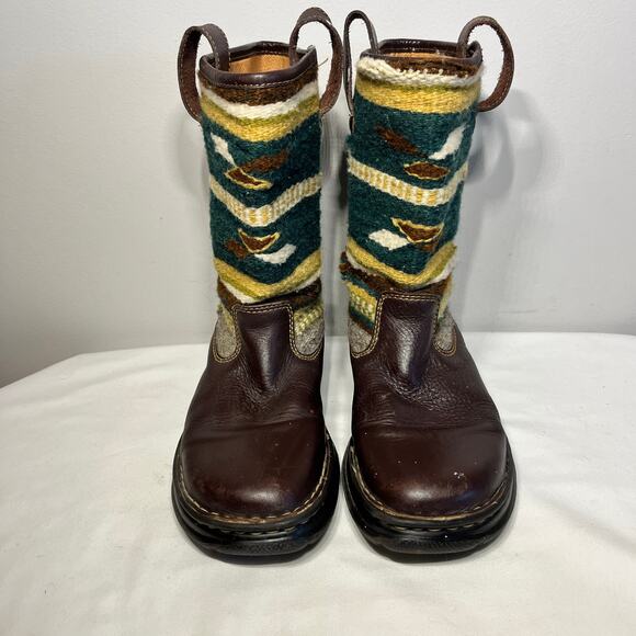 Born Boots Brown Leather Wool Blanket Aztec Western Boho Mid Calf Pull On 8M/39 - Picture 3 of 8
